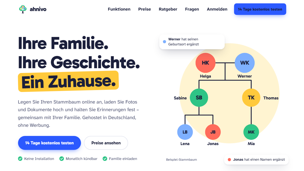 Ahnivo Startseite mit einem beispielhaften Familien-Stammbaum