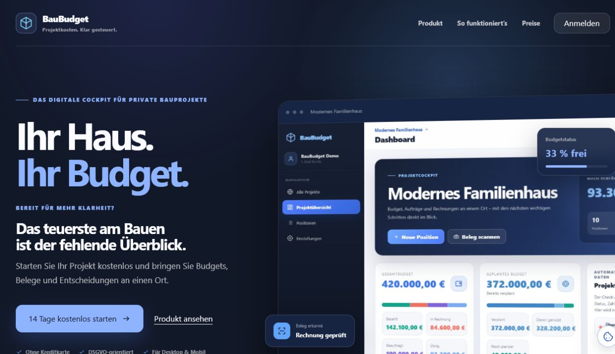 BauBudget Landingpage mit dem digitalen Projektcockpit für Budgets und Belege