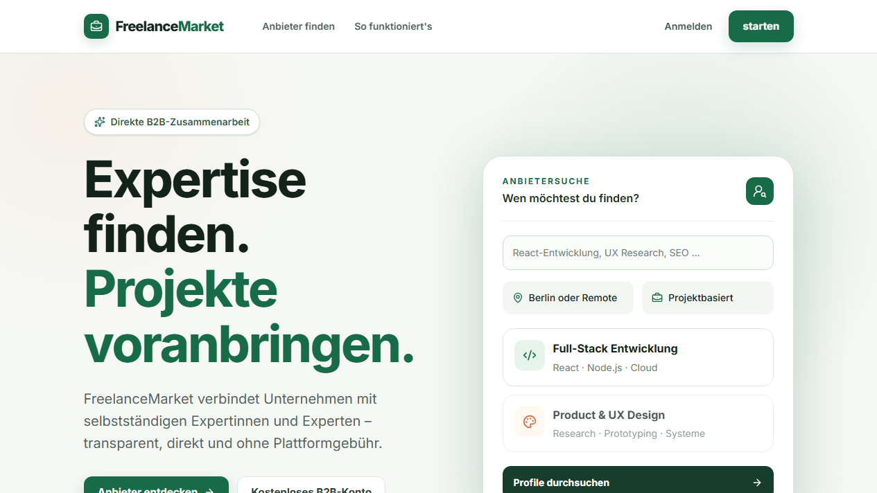 FreelanceMarket Startseite mit Anbietersuche für selbstständige Fachleute