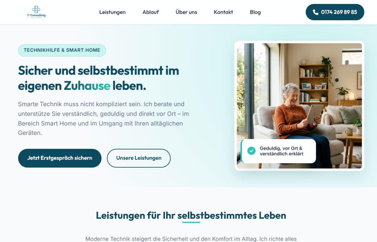 Landingpage von Healing Tech für Technikhilfe und Smart Home
