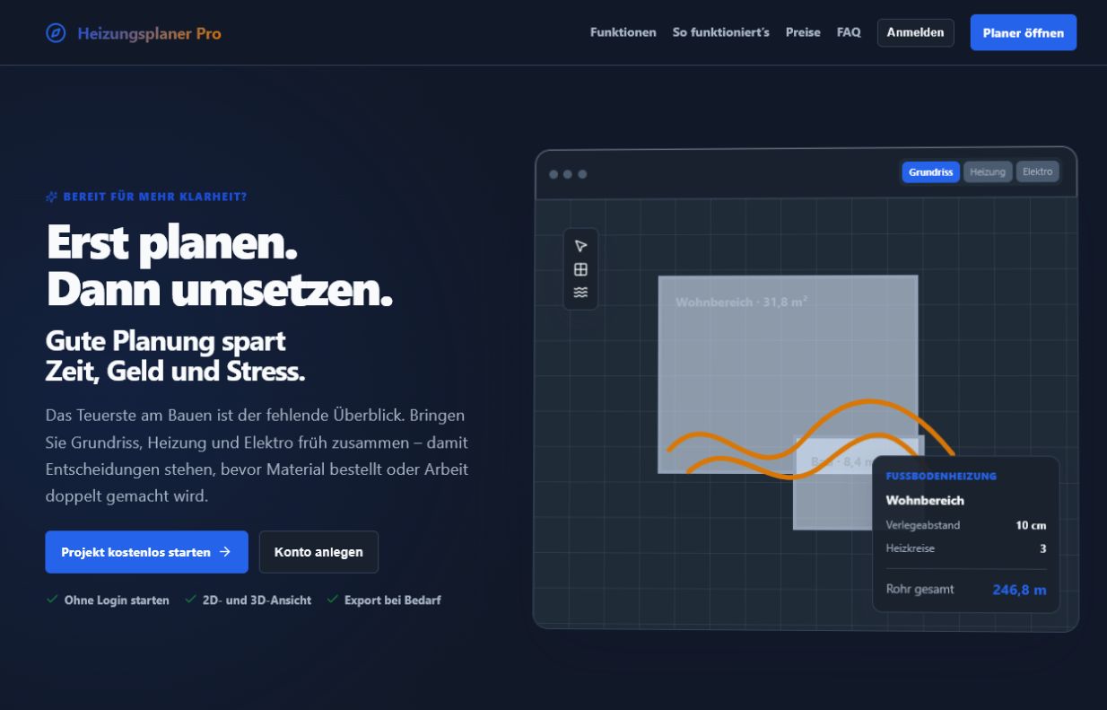 Landingpage des Heizungsplaners mit Grundriss, eingezeichnetem Heizkreis und Rohrlänge
