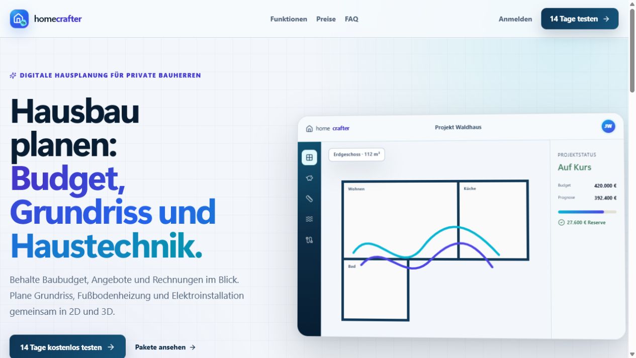 HomeCrafter Landingpage für Budget, Grundriss und Haustechnik