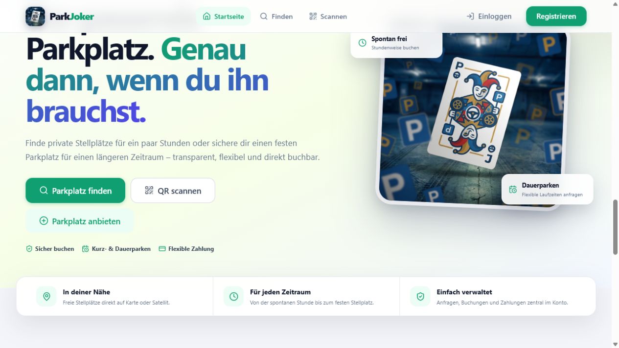 ParkJoker Landingpage zum Finden, Buchen und Anbieten privater Parkplätze