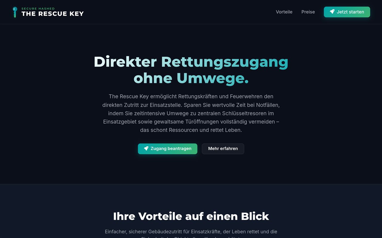 Landingpage von The Rescue Key mit dem Leitmotiv direkter Rettungszugang ohne Umwege