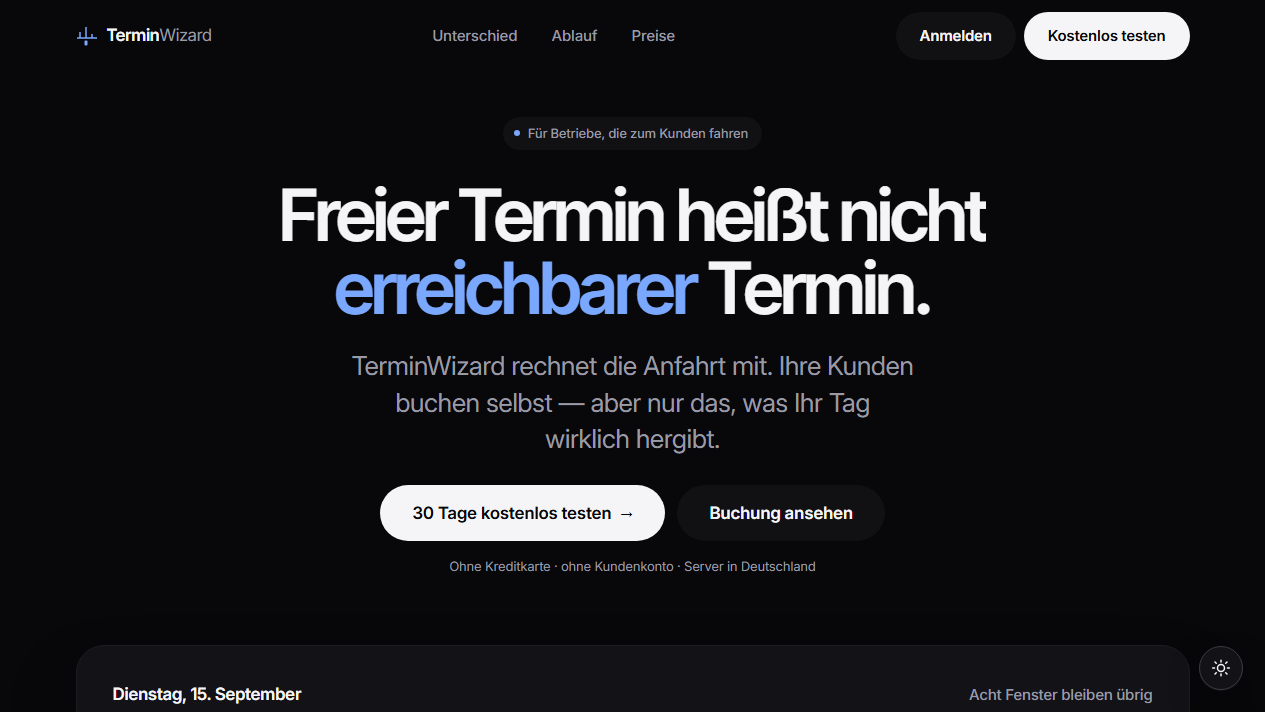 TerminWizard Startseite zur Online-Terminbuchung mit Anfahrtsplanung