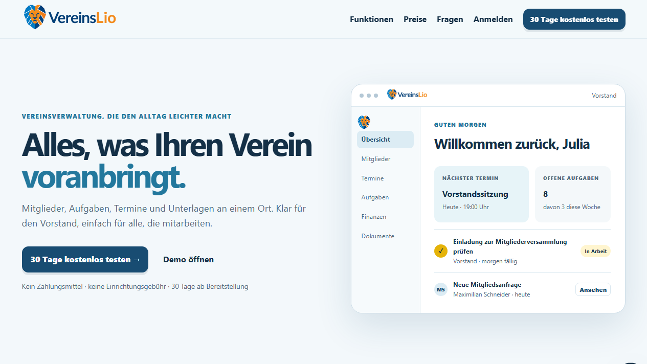 VereinsLio Startseite mit Beispielansicht der Vereinsverwaltung